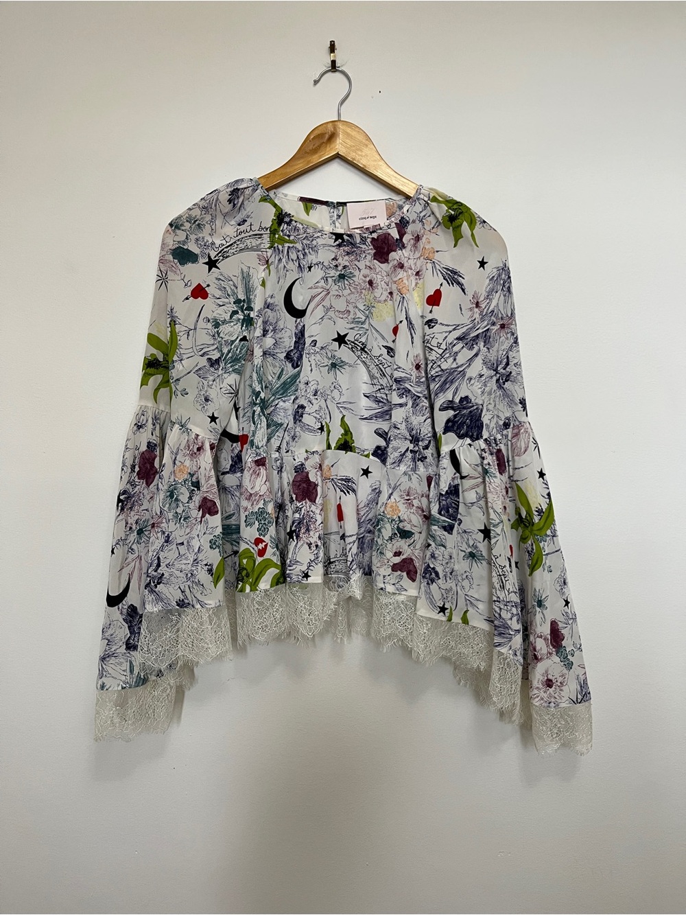 Cinq à Sept White Zodiac Print Lace Trim Longsleeve Silk Blouse Size Small